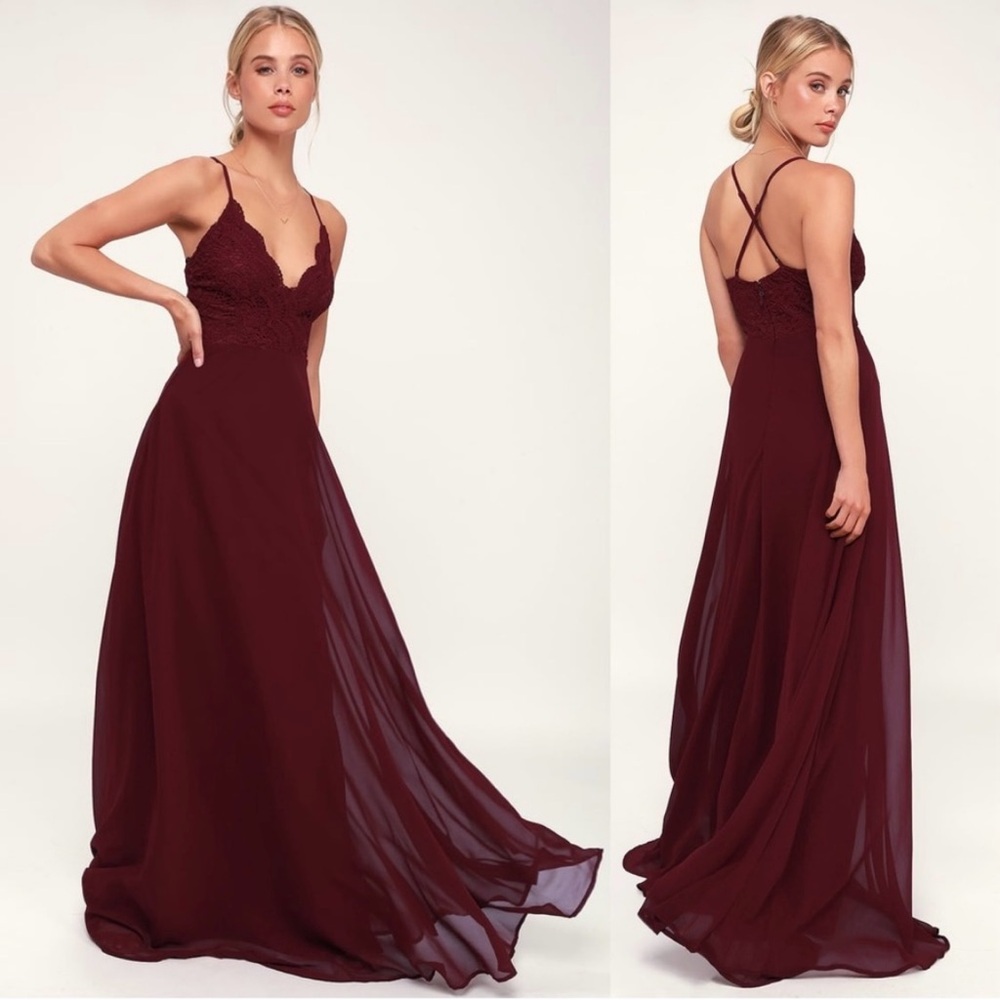 Lulu's Burgundy Lace Bodice Chiffon Maxi Dress